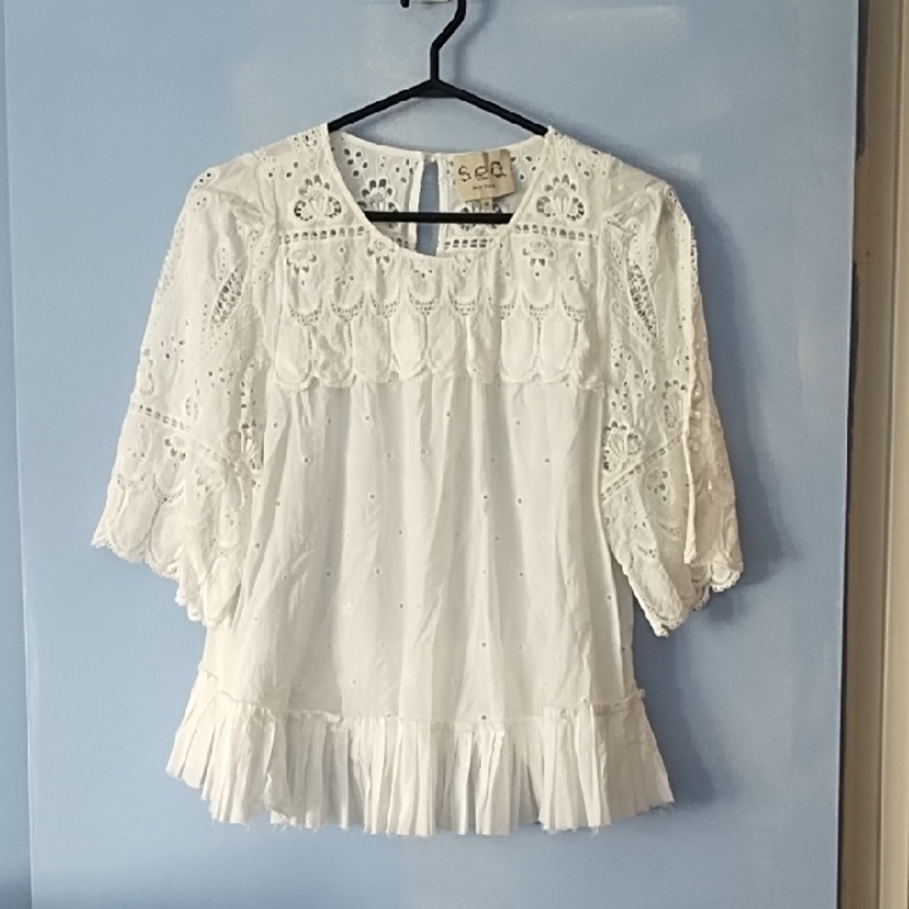 SEA New York White Cotton Eyelet Blouse 10 L